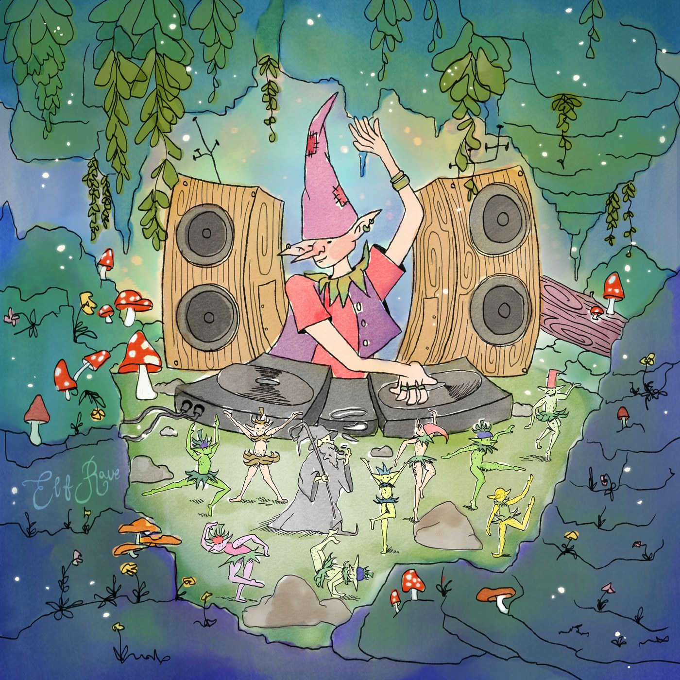 Elf Rave single artwork: an elf DJ playing records to a crowd of dancing elves in a moonlit forest clearing