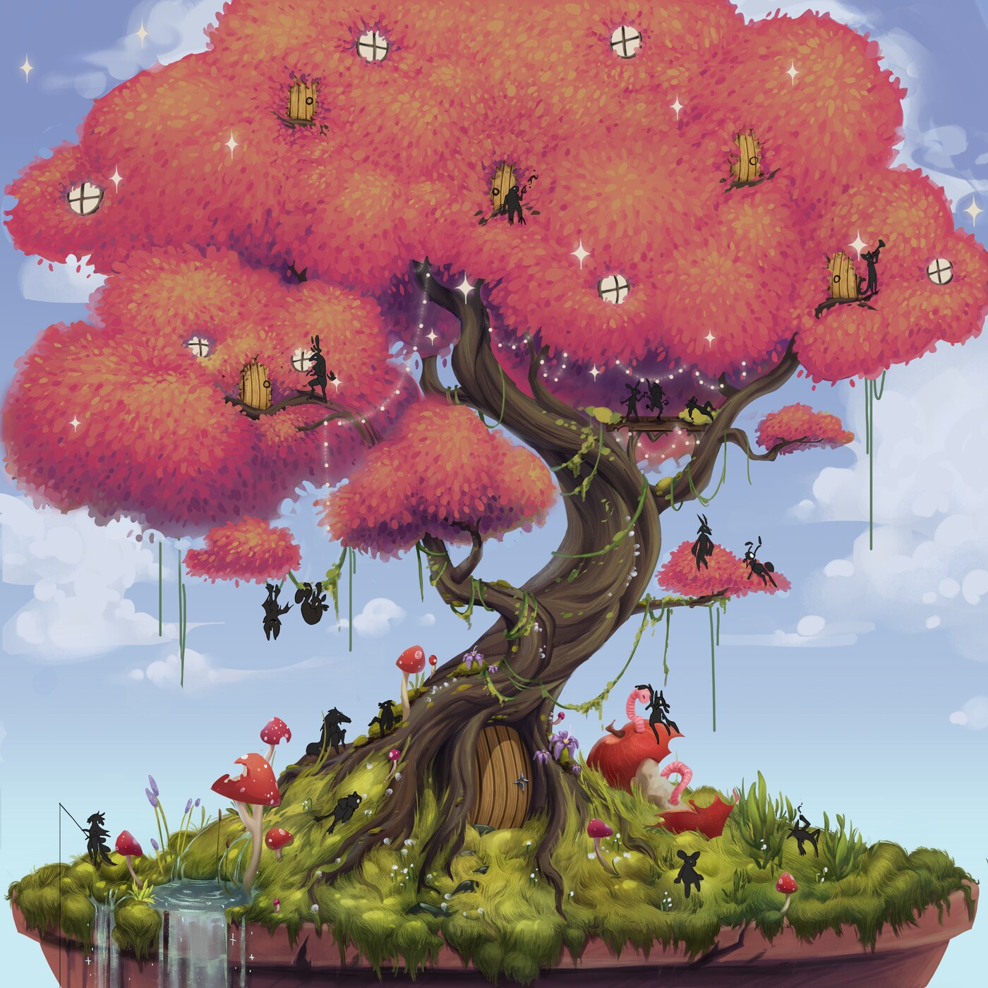The Happy Garden EP cover art, an illustrated tree full of tiny creatures, by Holly McGinty