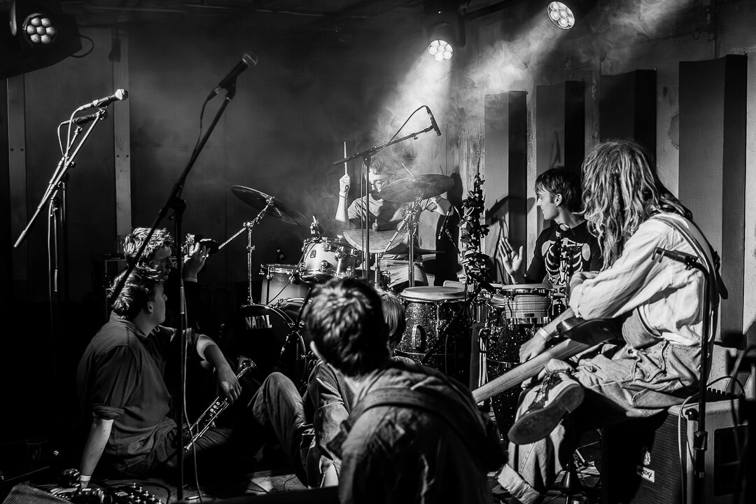 Happy Garden band members performing live, close up