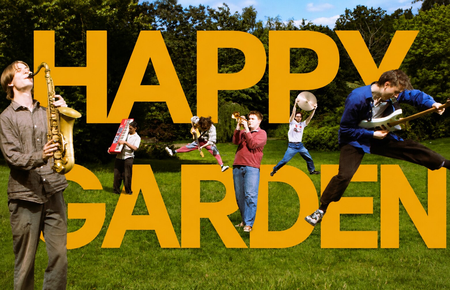 Happy Garden band photo with the band's name overlaid in bold orange lettering, set in a garden