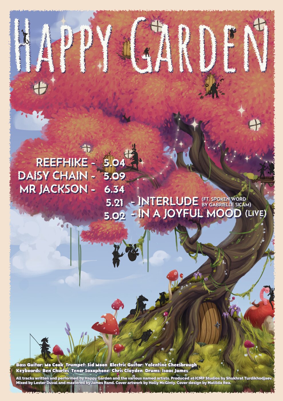 Happy Garden blue illustrated poster with tracklist