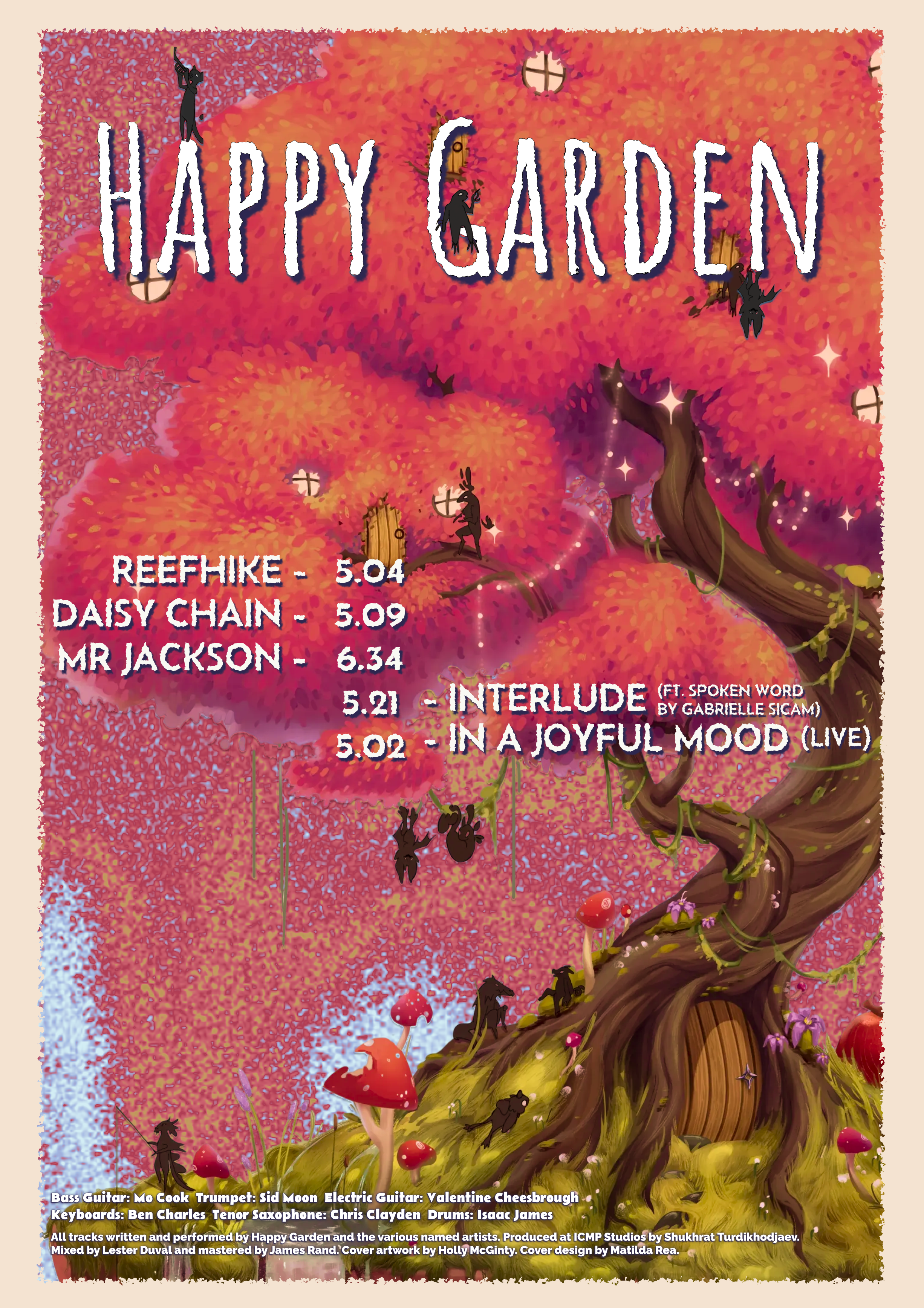 Happy Garden red illustrated poster with tracklist