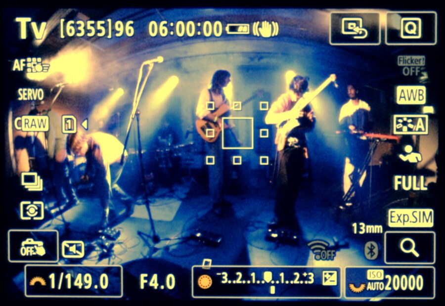 Candid camera viewfinder shot of Happy Garden performing live