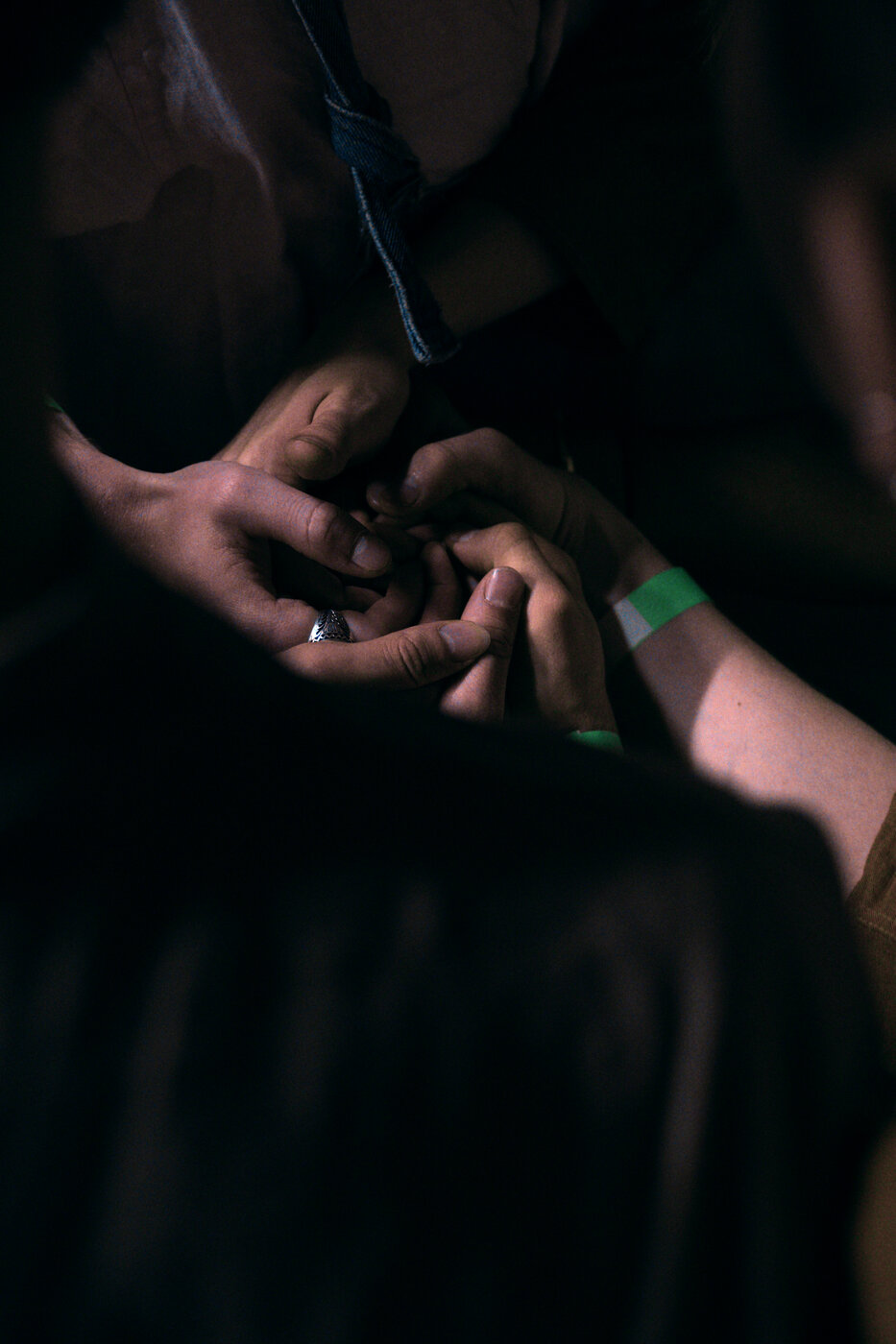 Close-up of linked hands, Happy Garden fans at a show